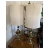 BRASS-TONE ORNATE TABLE LAMPS W/ FABRIC SHADES,