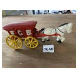 CAST IRON HORSE-DRAWN ICE WAGON TOY, RED WAGON W/