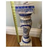 MOSAIC TILE PEDESTAL STAND, BLUE AND WHITE FLORAL