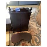 VTG WOODEN DOLL ARMOIRE W/ MATCHING FOOTSTOOL.