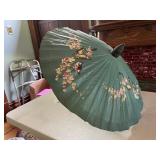 VTG ASIAN STYLE PARASOL, GREEN PAPER CANOPY,
