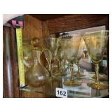 AMBER GLASS DECANTER W/ STOPPER AND MATCHING