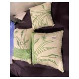 DECORATIVE THROW PILLOWS (3), CREAM SILK W/ GREEN