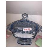 VTG BLUE PRESSED GLASS COVERED DISH, OVAL SHAPE,
