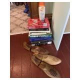 ASSORTED BOOKS (8), WOODEN SHOE TREES (3), OFF!
