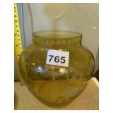 AMBER GLASS VASE, ETCHED FLORAL AND RIBBON MOTIF,
