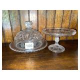 PRESSED GLASS COVERED BUTTER DISH AND FOOTED CAKE