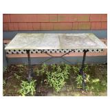 GARDEN TABLE, MARBLE TOP, CAST IRON BASE,