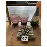 GNOME FIGURINE, PURPLE GLASS VOTIVE HOLDERS (2),