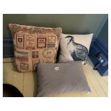 DECORATIVE THROW PILLOWS, WINE LABEL PRINT AND