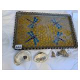 MOSAIC TRAY, DRAGONFLY MOTIF, GLASS TILE, BEADED