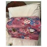 FLORAL PAINTED WOODEN TRUNK, HINGED LID, BRASS