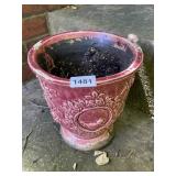 GLAZED CERAMIC PLANTER, EMBOSSED BIRD AND FLORAL