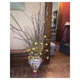 CERAMIC URN VASE, FLORAL MOTIF, DUAL HANDLES,
