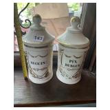 PORCELAIN APOTHECARY JARS (2), GOLD GILT TRIM,