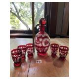 VTG RUBY RED CUT TO CLEAR DECANTER SET W/ (4)
