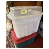 PLASTIC STORAGE TOTES (2), TRANSLUCENT W/ RED AND