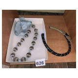 VTG BEADED NECKLACE W/ RIBBON TIE, LEATHER