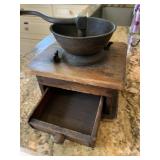 VTG WOODEN COFFEE GRINDER W/ CAST IRON HOPPER,