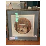 VTG FRAMED PRINT, GAZEBO SCENE W/ CHILDREN AND