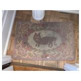 VTG HOOKED RUG, FLORAL BORDER, CENTRAL CAT MOTIF.