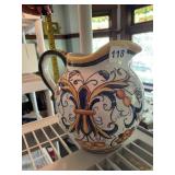 ITALIAN CERAMIC PITCHER, HAND-PAINTED FLORAL AND