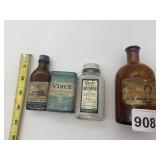 VINTAGE APOTHECARY BOTTLES AND TIN (4), INCLUDES