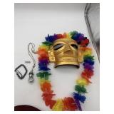 GOLD-TONE PLASTIC MASK, RAINBOW FABRIC LEI,