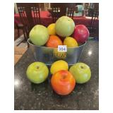 METAL PLANTER W/ ARTIFICIAL FRUIT ASSORTMENT.