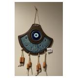 CERAMIC EVIL EYE WALL HANGING, GLAZED BROWN AND