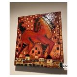 HORSE ARTWORK, TEXTURED MIXED MEDIA, WARM TONES.
