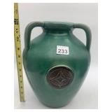 VINTAGE CERAMIC VASE, GREEN GLAZE, DUAL HANDLES,