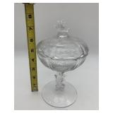 VINTAGE CRYSTAL COMPOTE W/ LID, ETCHED PALM FROND