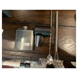 STAINLESS STEEL FLASK, LEATHER-WRAPPED JIGGER
