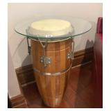 VINTAGE CONGA DRUM SIDE TABLE, WOOD STAVE