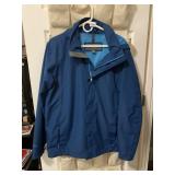 EDDIE BAUER RAIN JACKET, BLUE, HOODED, SIZE M.