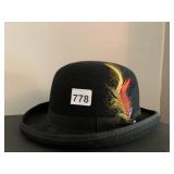VINTAGE BOWLER HAT, BLACK WOOL, FEATHER ACCENT,