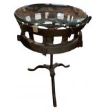 INDUSTRIAL CAST IRON WHEEL SIDE TABLE, GLASS TOP,