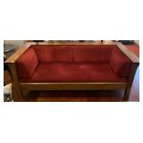 MISSION STYLE OAK SOFA, RED UPHOLSTERY, SLATTED