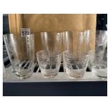 ETCHED GLASS TUMBLERS AND LOWBALLS W/ PALM FROND