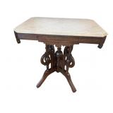 MARBLE TOP TABLE, WOOD BASE, ORNATE CARVED