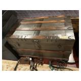 VINTAGE WOOD AND METAL STEAMER TRUNK, HINGED LID,