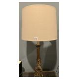 BRASS TABLE LAMP, RAM HEAD DETAIL, DRUM SHADE.