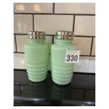 PR JADEITE GLASS SALT AND PEPPER SHAKERS, RIBBED