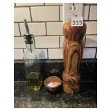 HAND-TURNED WOOD PEPPER MILL, GLASS OIL CRUET W/