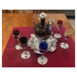 DECANTER SET, MULTICOLORED GLASS, SILVER-TONE