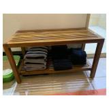 TEAK SLATTED BATH BENCH W/ LOWER SHELF
