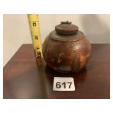 VINTAGE WOODEN BOX W/ BRASS BANDING AND LID.