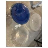 GLASS SERVING PLATES AND PEDESTAL CAKE STAND,