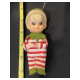 VTG ELF ORNAMENT, STRIPED FELT CLOTHING, PLASTIC